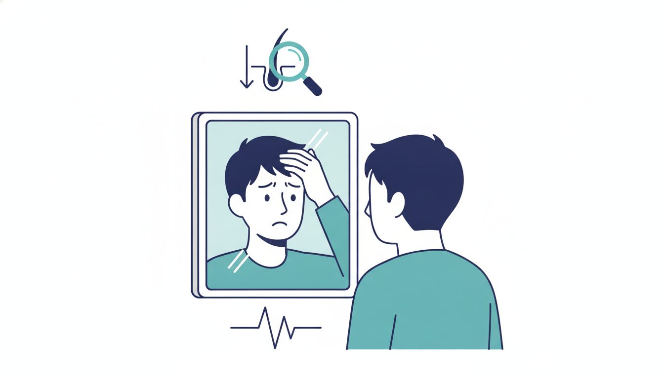 鏡で20代の生え際の後退を気にする男性のイラスト