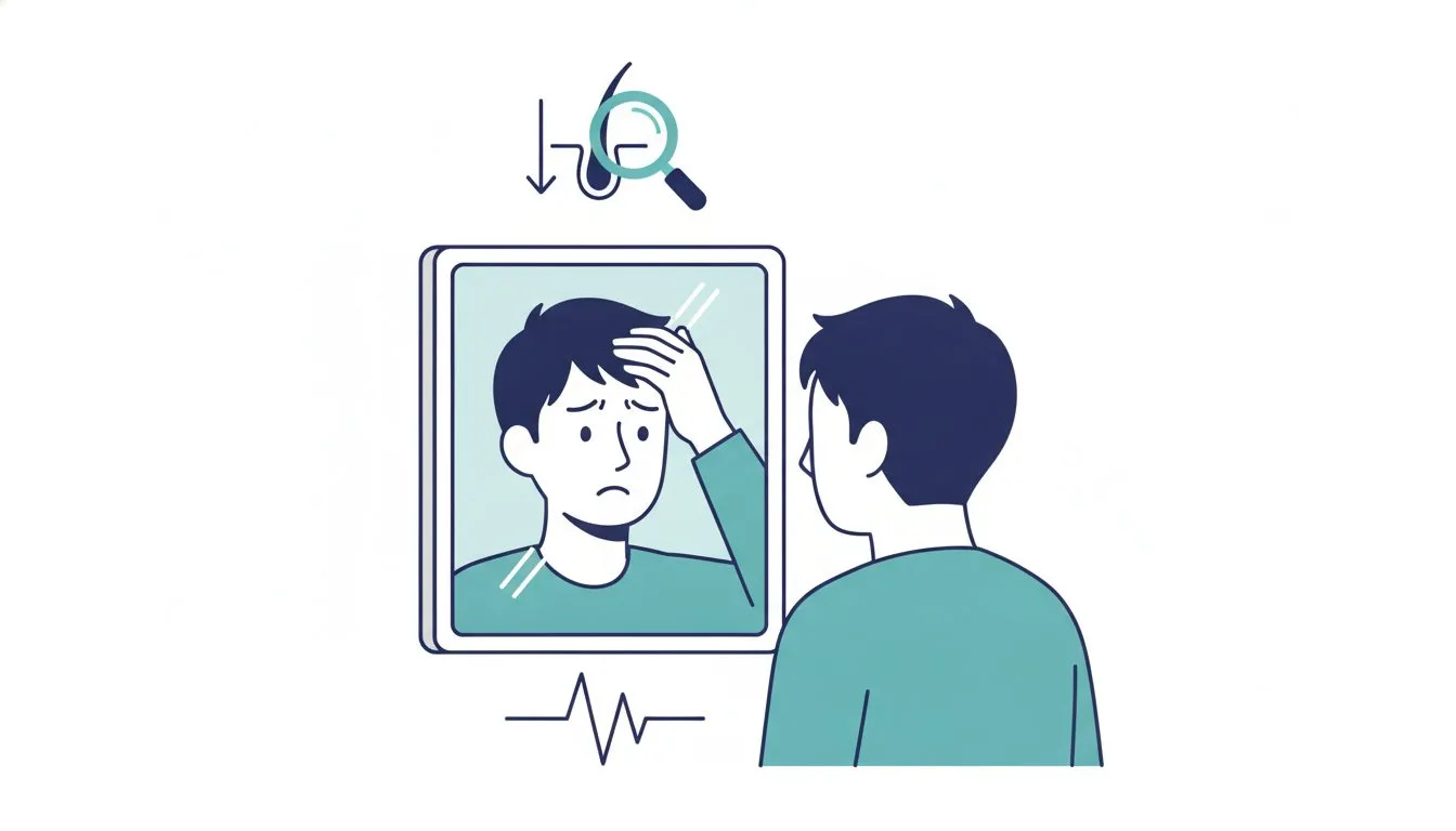 鏡で20代の生え際の後退を気にする男性のイラスト