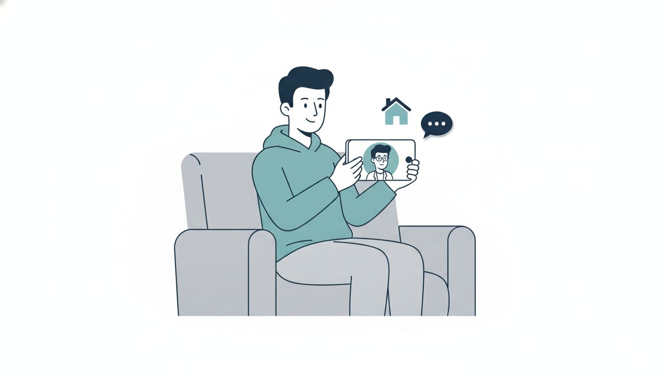 自宅のソファでスマートフォンを使いオンライン診療を受ける男性のイラスト