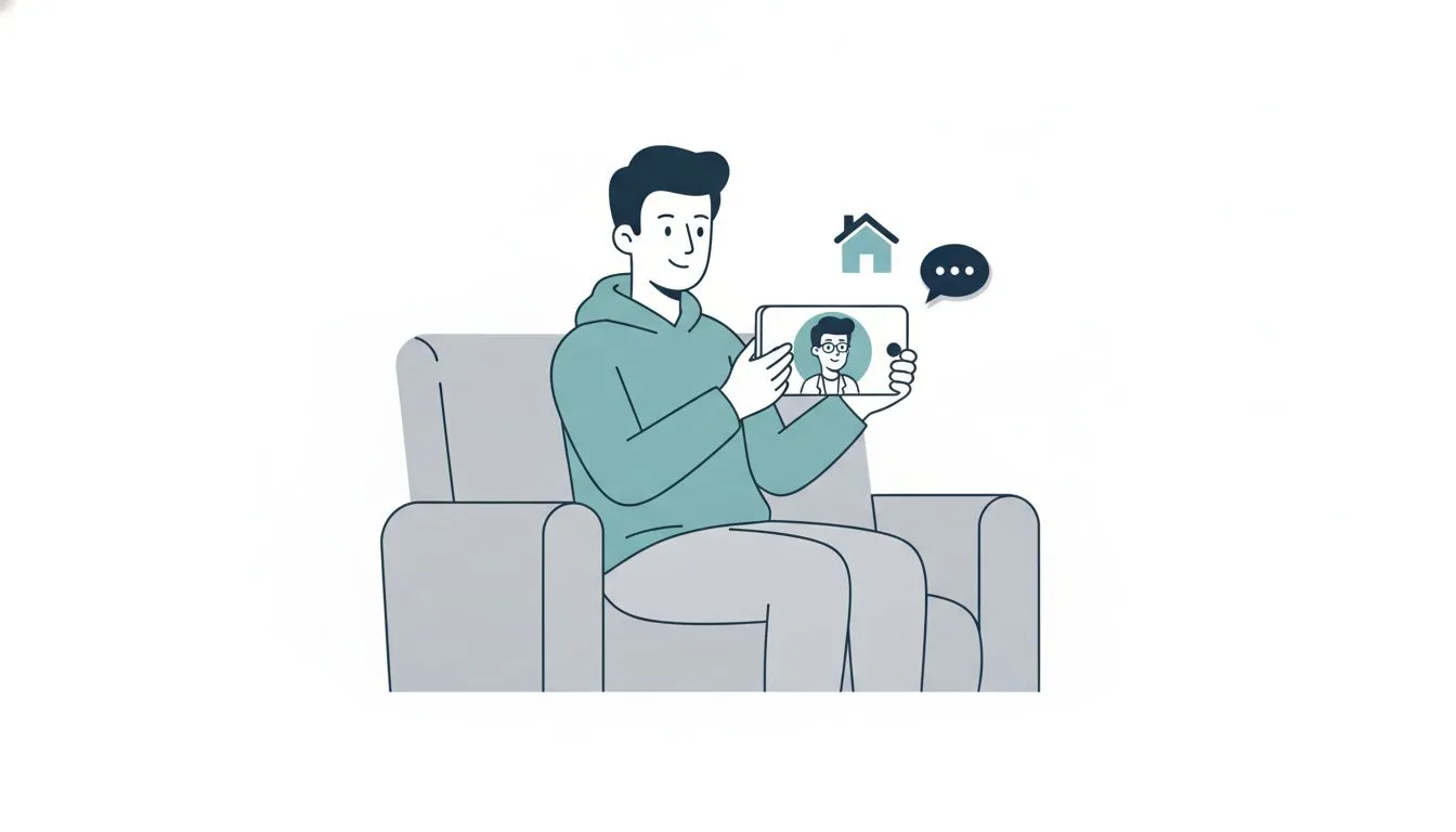 自宅のソファでスマートフォンを使いオンライン診療を受ける男性のイラスト