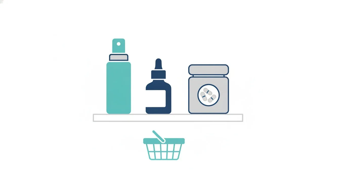 ドラッグストアの棚に並ぶ外用薬と育毛剤とサプリメントのイラスト