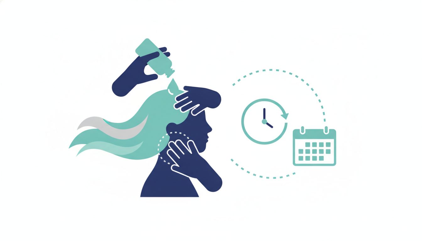 育毛剤を頭皮に塗布し指の腹でマッサージする様子と継続を示すイラスト