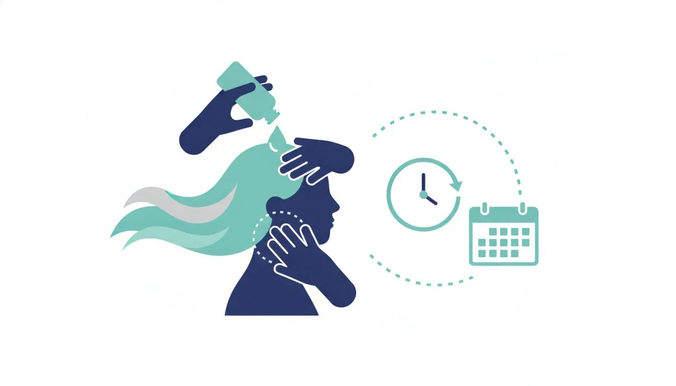 育毛剤を頭皮に塗布し指の腹でマッサージする様子と継続を示すイラスト