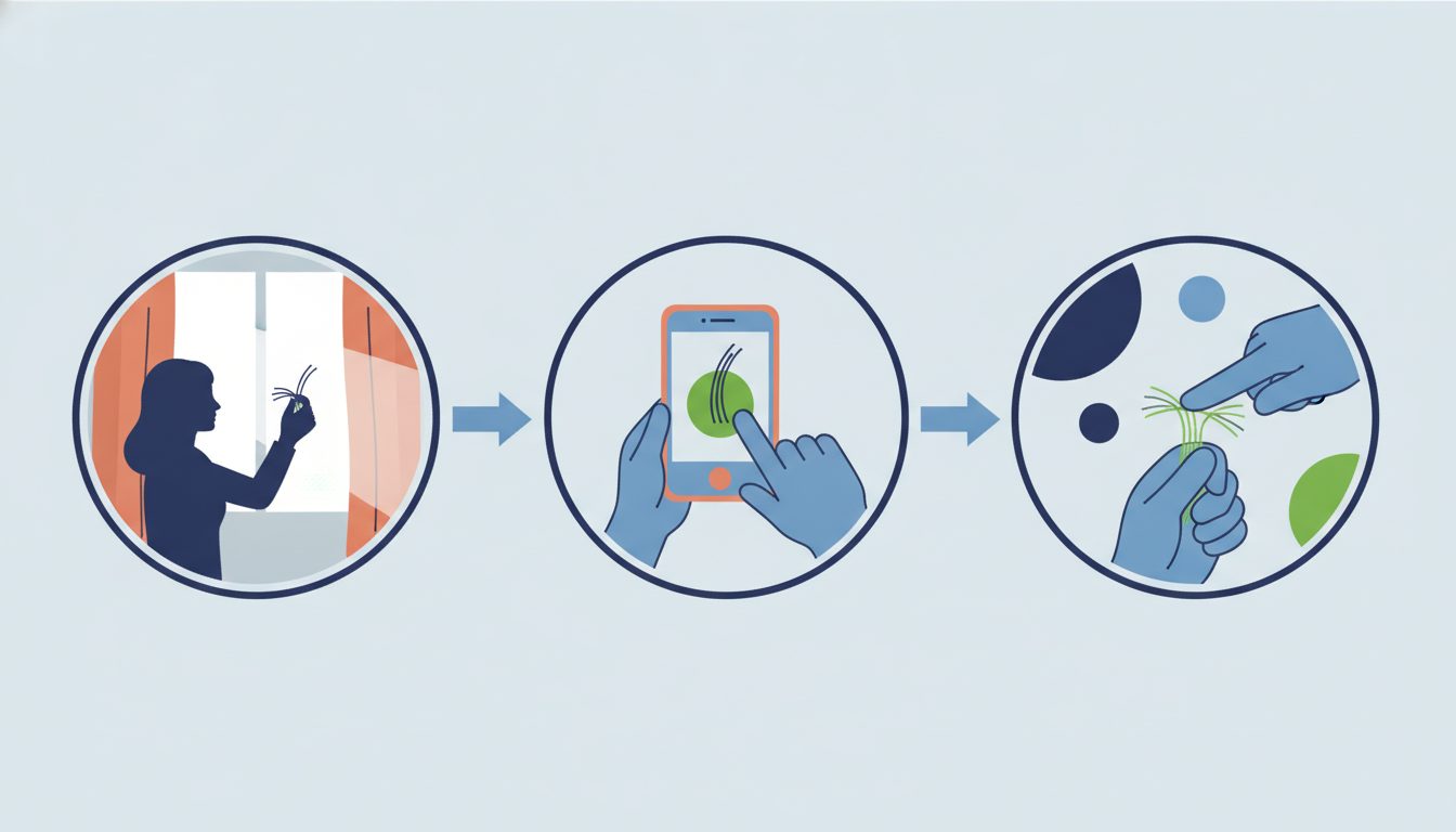 自宅でできる枝毛セルフチェックの3ステップを示したイラスト。窓際で見る、スマホで拡大撮影する、毛先をひねって確認する