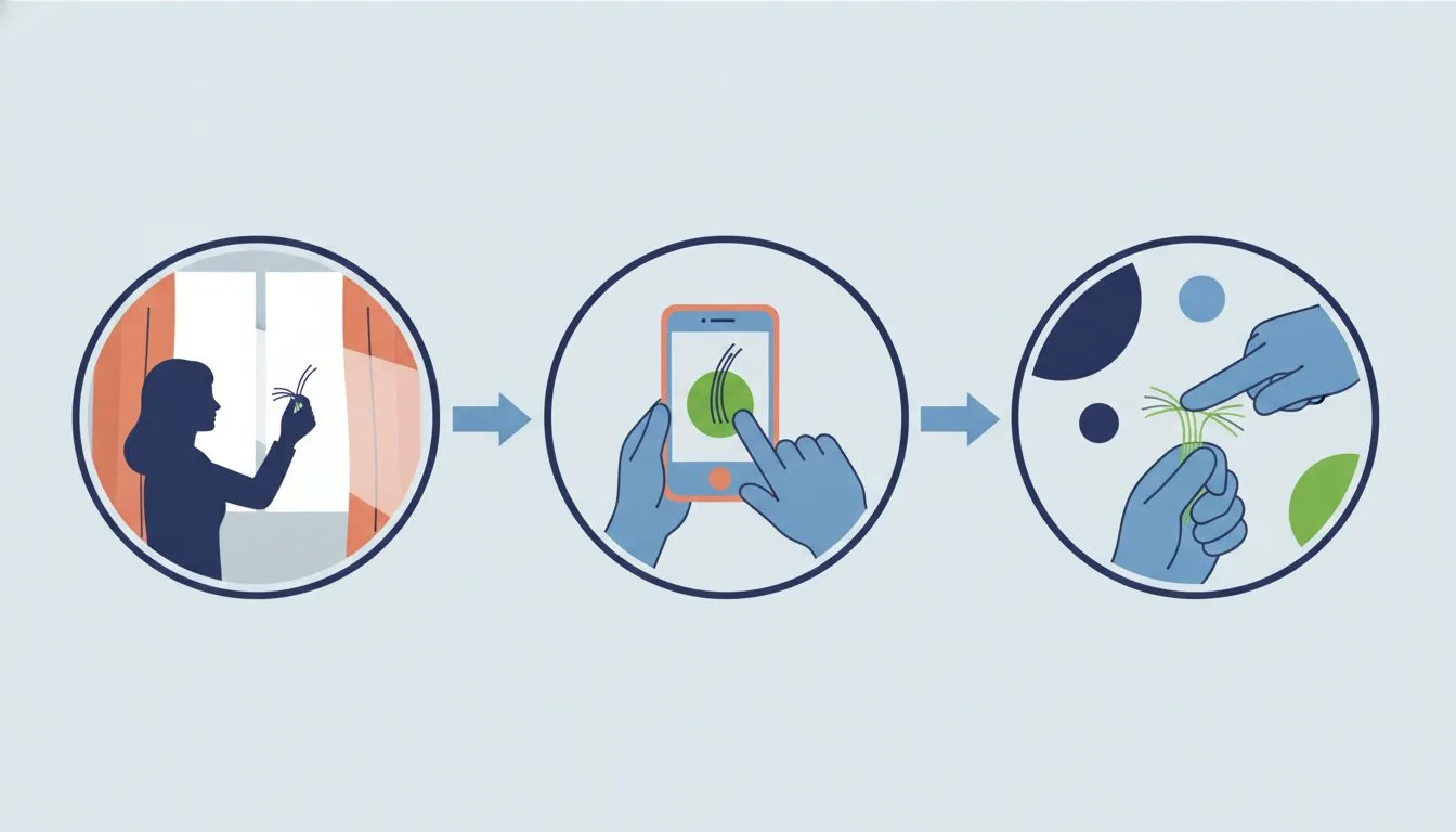自宅でできる枝毛セルフチェックの3ステップを示したイラスト。窓際で見る、スマホで拡大撮影する、毛先をひねって確認する