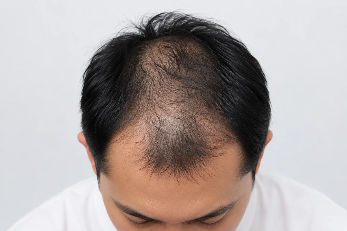 頭頂部と生え際の髪が薄くなったAGA(男性型脱毛症)の男性の頭部