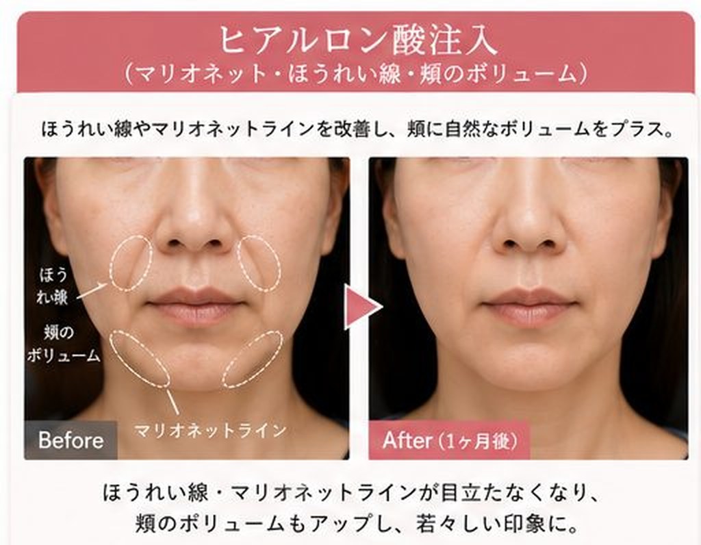 ヒアルロン酸注入(マリオネット・ほうれい線・頬のボリューム)の施術前後の症例写真