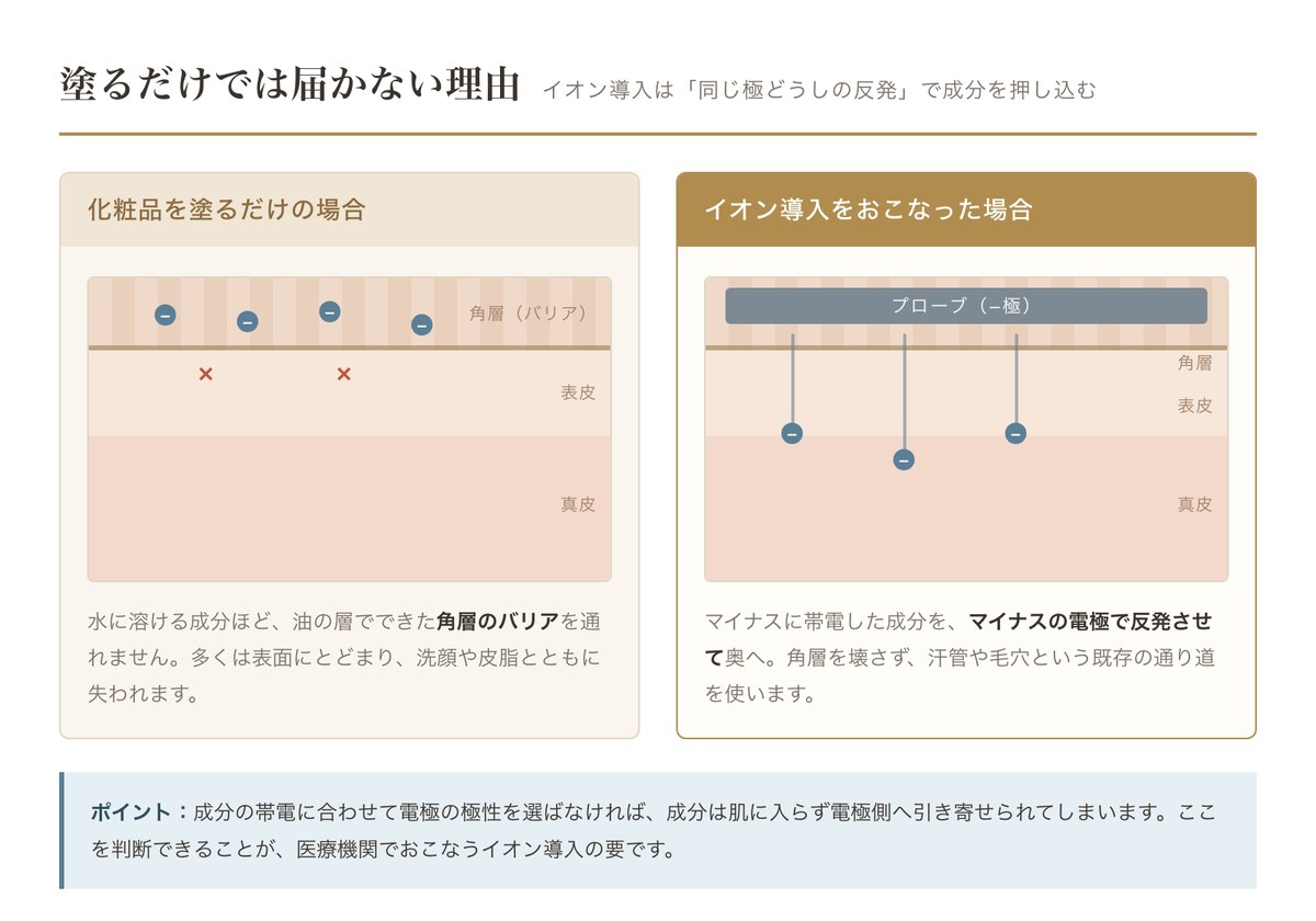 イオン導入の仕組み|塗るだけでは角層のバリアで止まるが、同じ極の反発で成分が奥へ届く