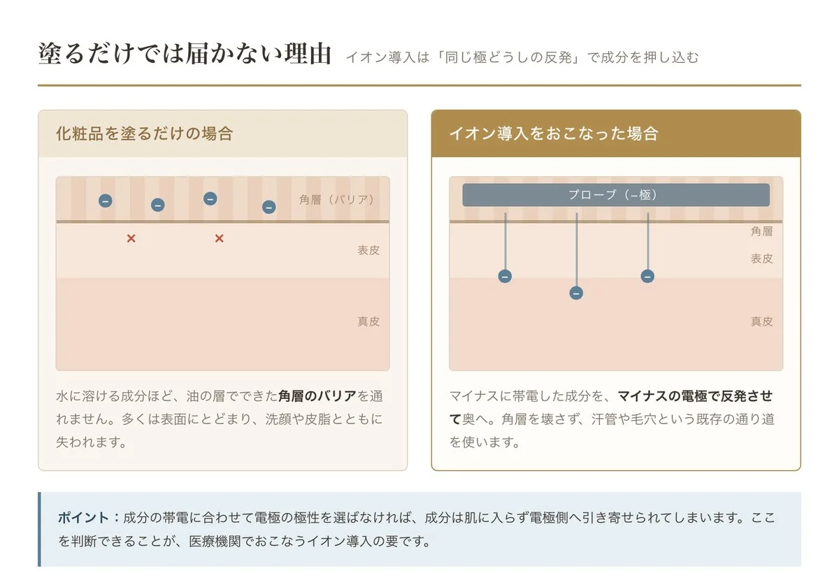 イオン導入の仕組み｜塗るだけでは角層のバリアで止まるが、同じ極の反発で成分が奥へ届く