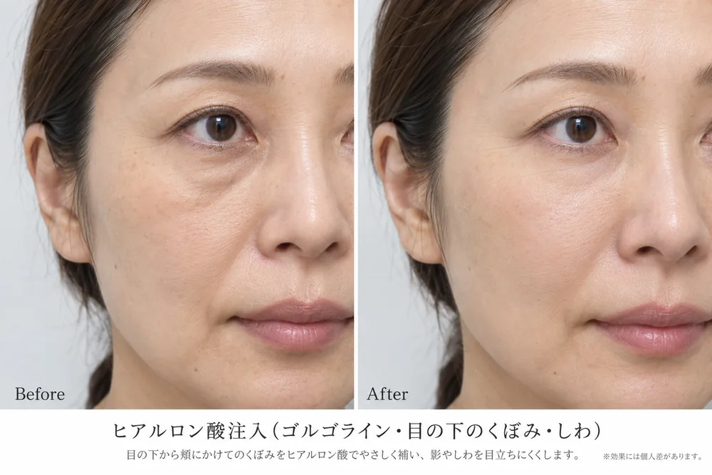 ヒアルロン酸注入の症例写真（ゴルゴライン・目の下のくぼみ・しわ）｜ヒロクリニック美容皮膚科