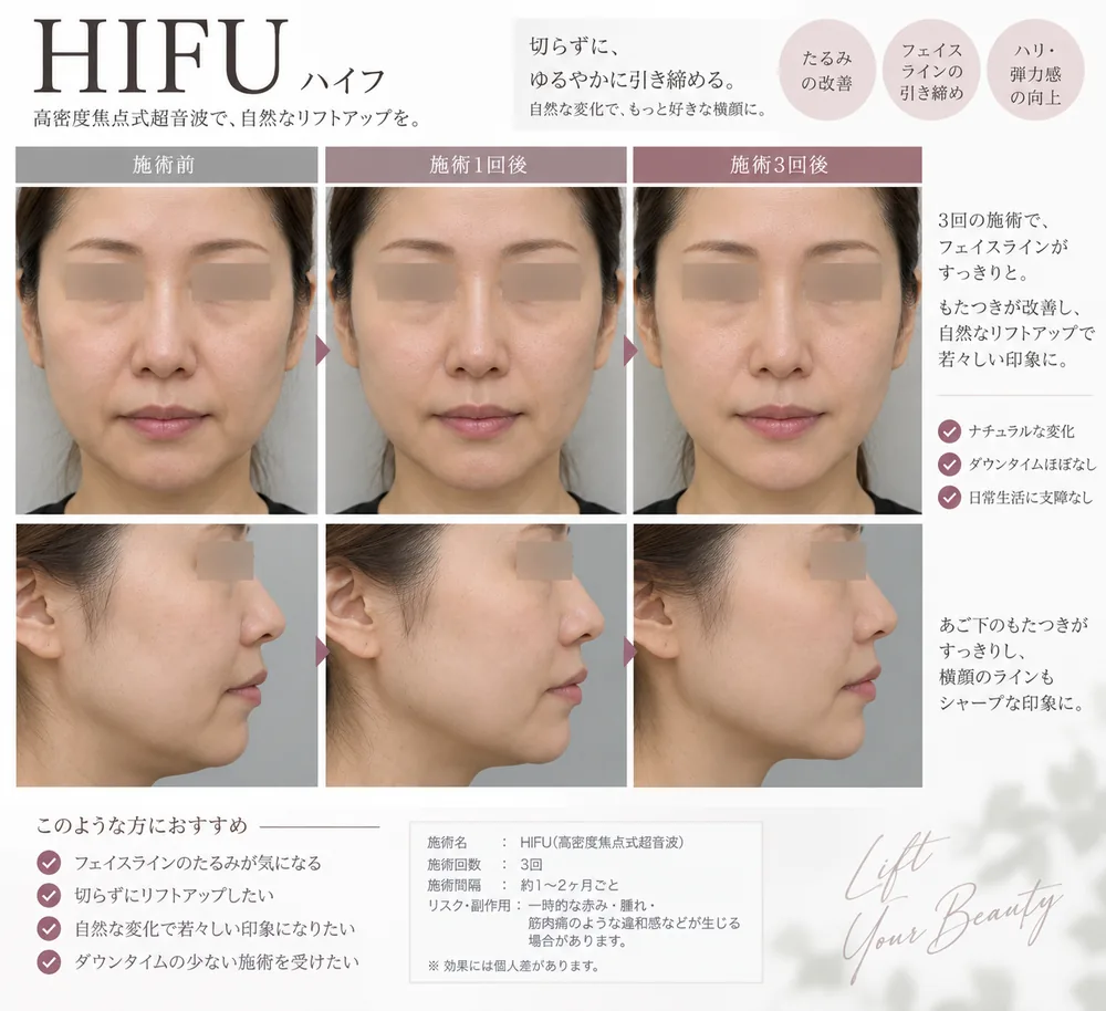 ハイフ（HIFU）の症例写真（たるみ（1回・3回施術後））｜ヒロクリニック美容皮膚科