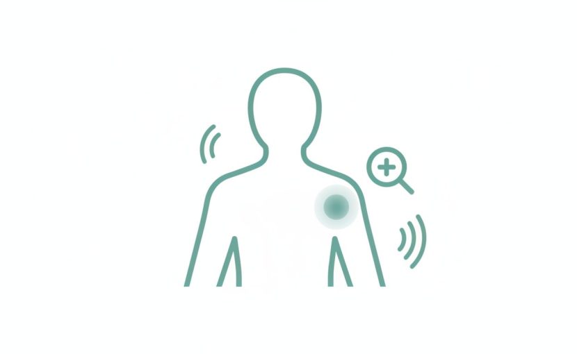 脂肪腫の痛みの原因を示すイラスト。しこり部分を虫眼鏡で確認するイメージ