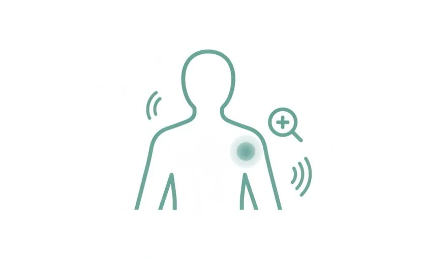 脂肪腫の痛みの原因を示すイラスト。しこり部分を虫眼鏡で確認するイメージ