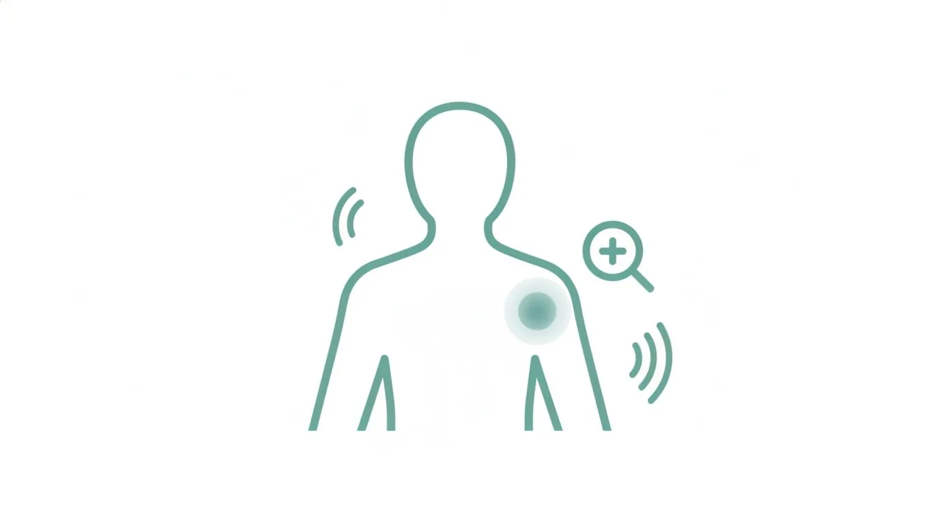 脂肪腫の痛みの原因を示すイラスト。体のしこり部分を虫眼鏡で確認するイメージ