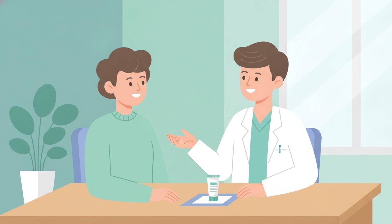 医師が患者にステロイド外用薬について説明している診察室のイラスト