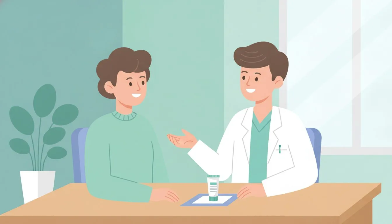 医師が患者にステロイド外用薬について説明している診察室のイラスト