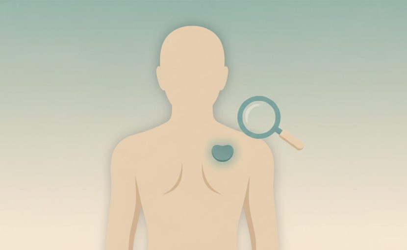 背中にできた脂肪腫のしこりを虫眼鏡で確認するイメージイラスト