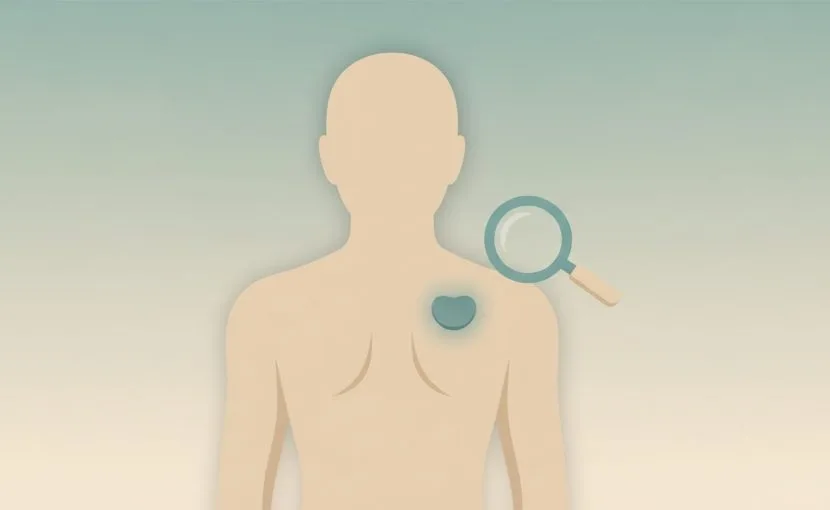 背中にできた脂肪腫のしこりを虫眼鏡で確認するイメージイラスト