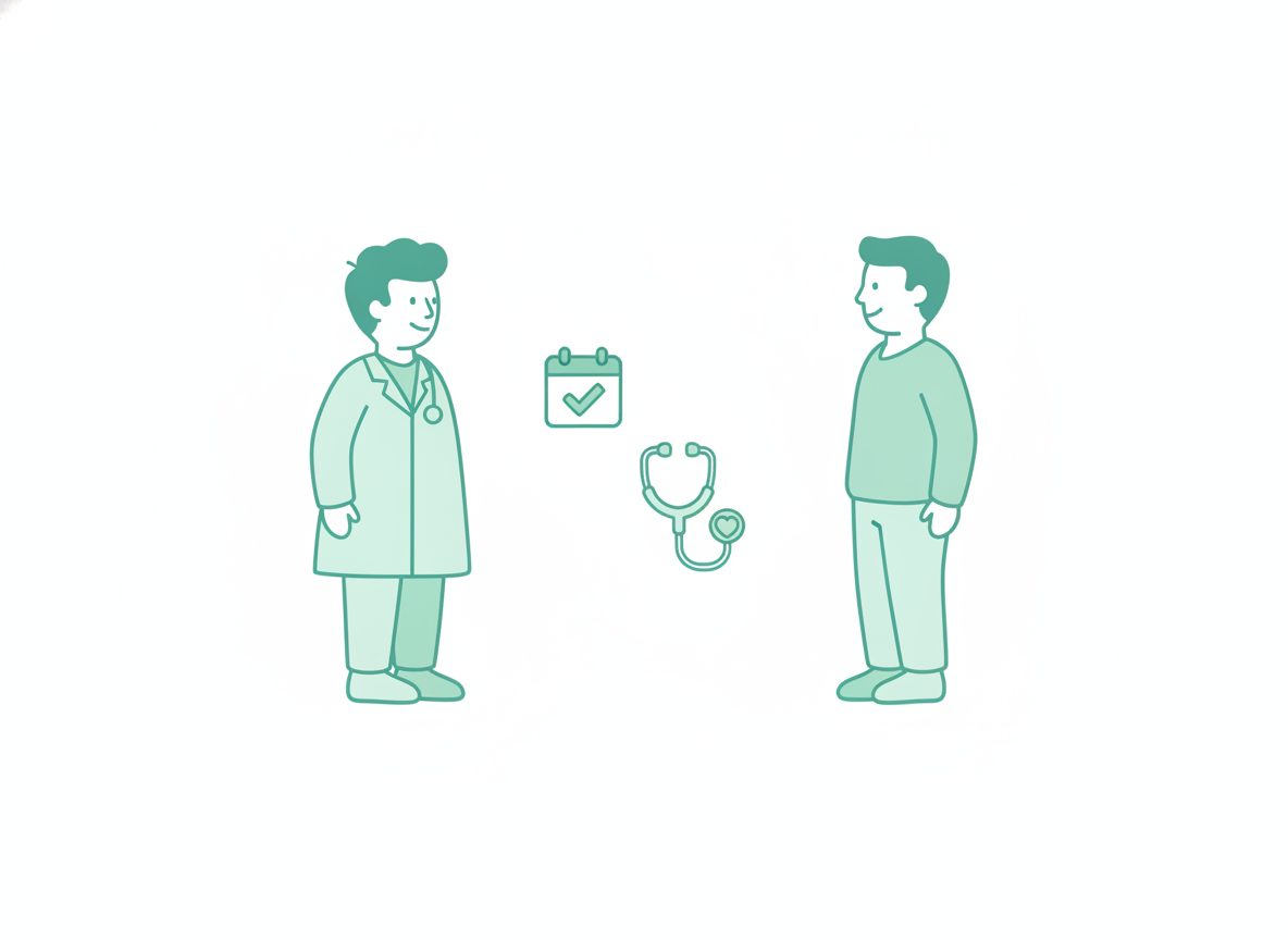 皮膚科医と患者が受診タイミングについて相談する様子のイラスト