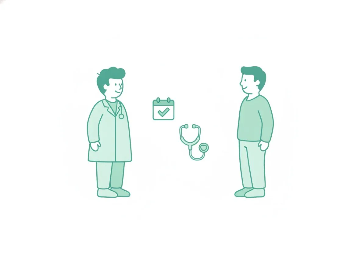 皮膚科医と患者が受診タイミングについて相談する様子のイラスト