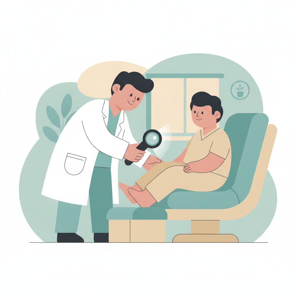 医師がダーモスコープを使って患者の足を診察するイラスト
