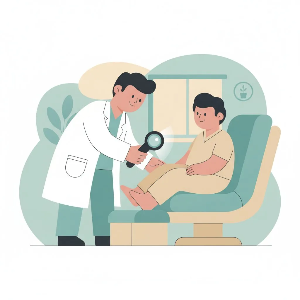 医師がダーモスコープを使って患者の足を診察するイラスト