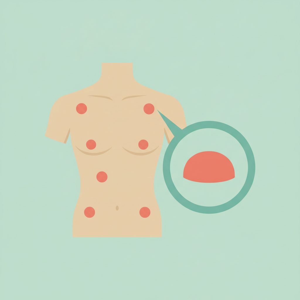体幹に点在する老人性血管腫と、盛り上がった一つを拡大して示すフラットイラスト