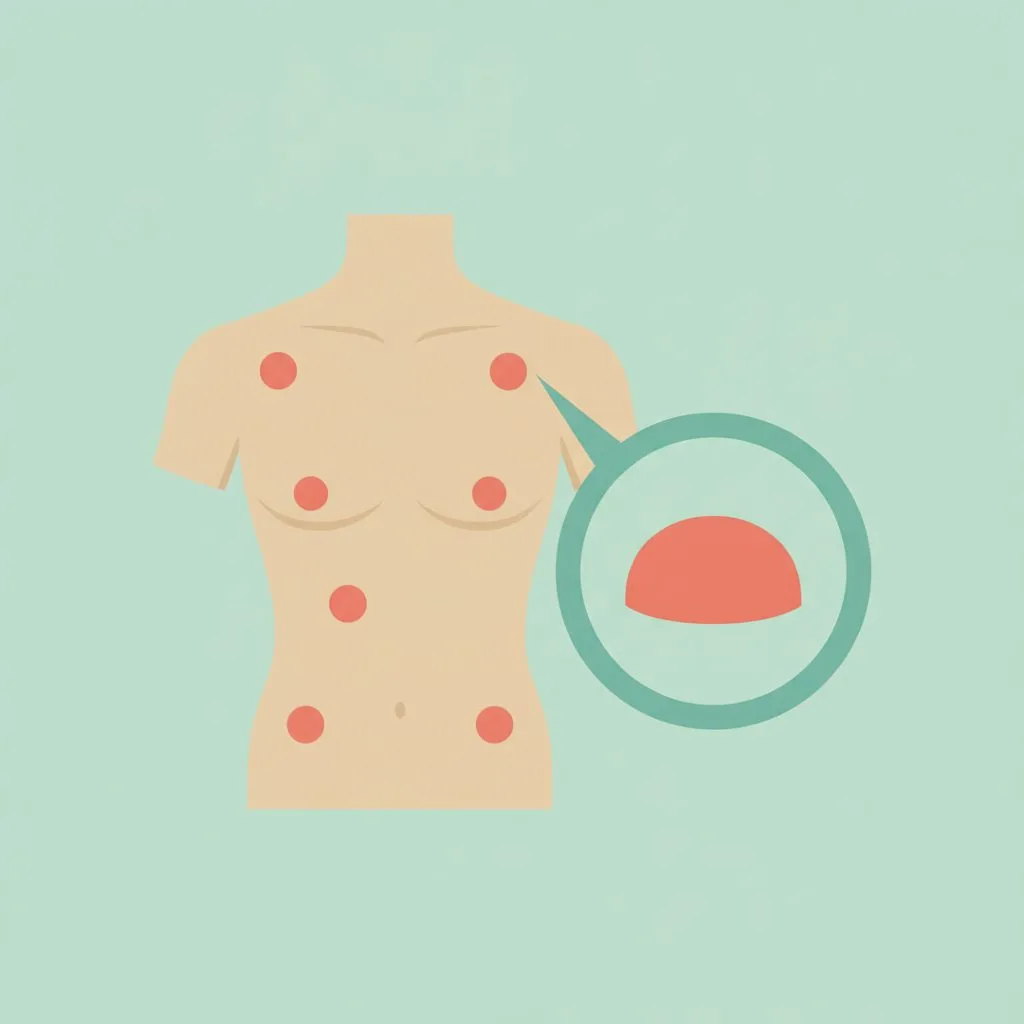 体幹に点在する老人性血管腫と、盛り上がった一つを拡大して示すフラットイラスト