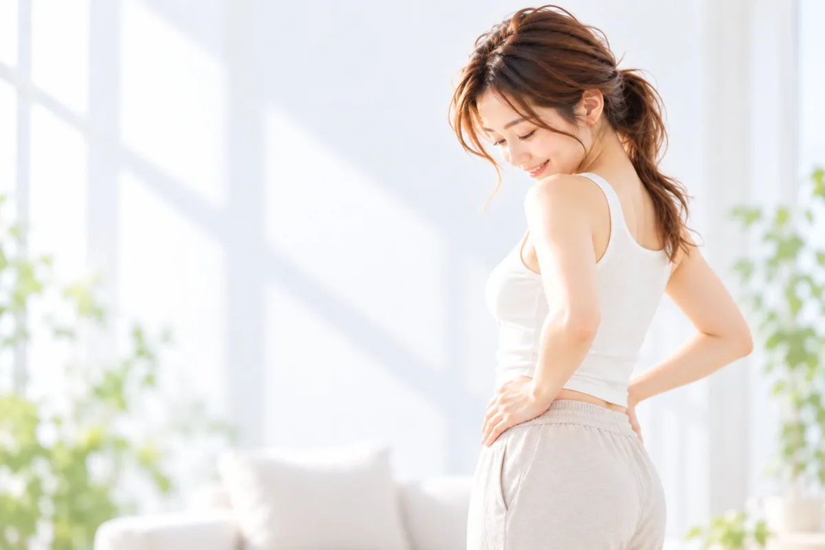 ウエストに手を当ててほほえむ女性