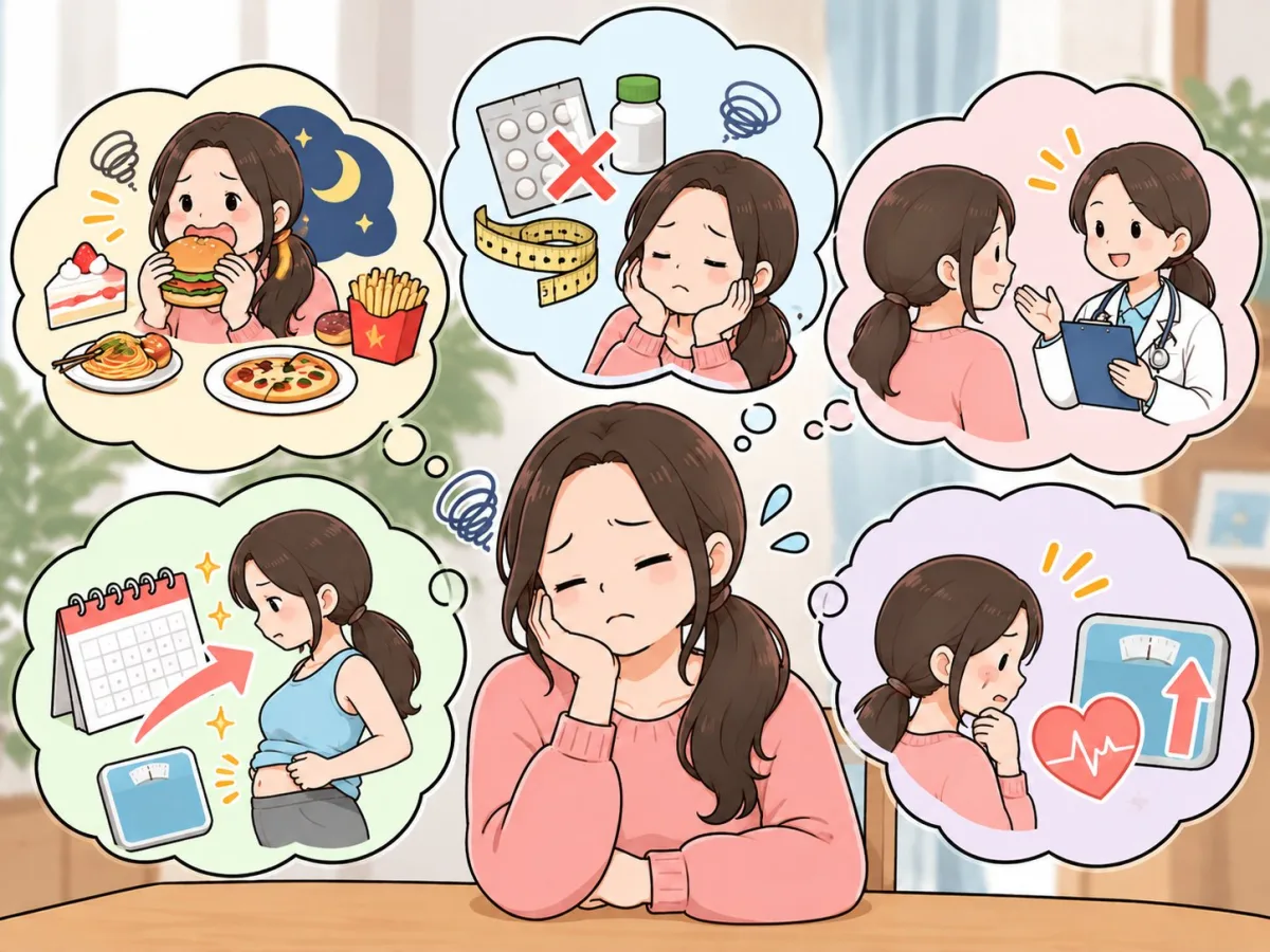 食欲やダイエットの悩みを抱える女性のイラスト