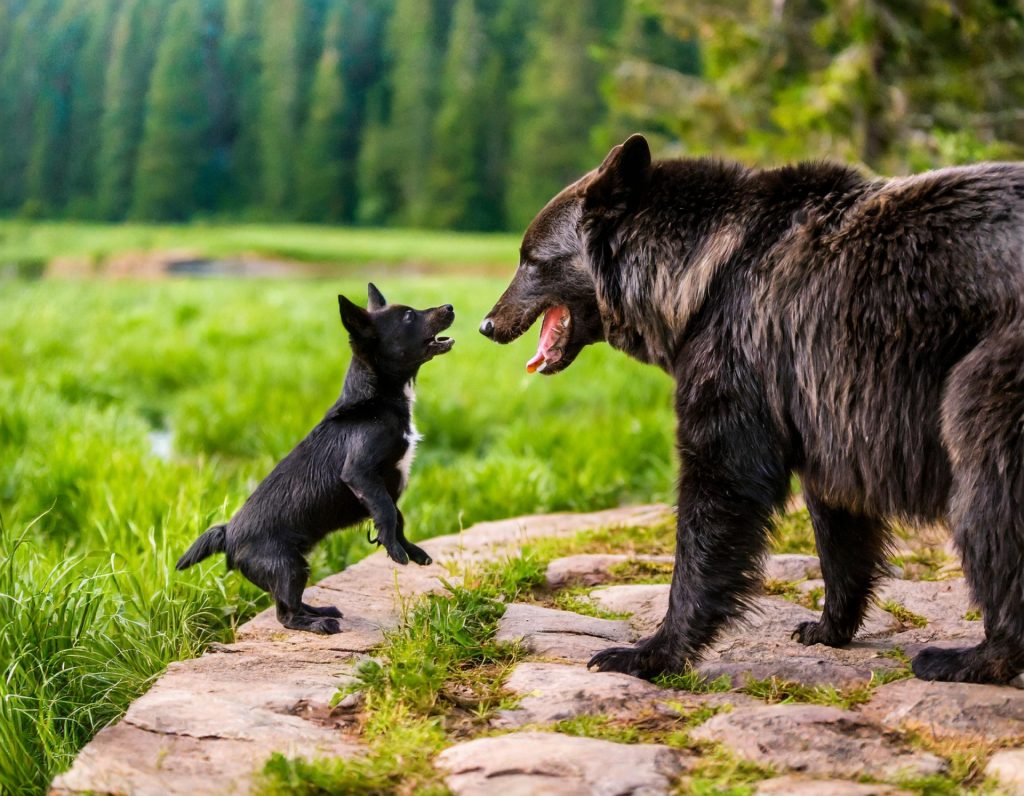 
クマに吠えて威嚇する犬