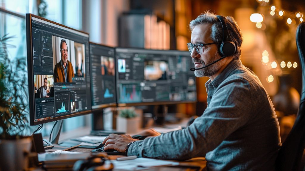 複数のモニターを見る男性