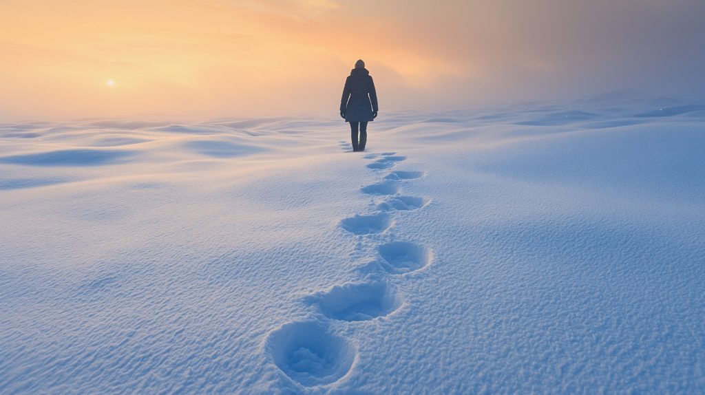 新雪に残る1人の人間の足跡