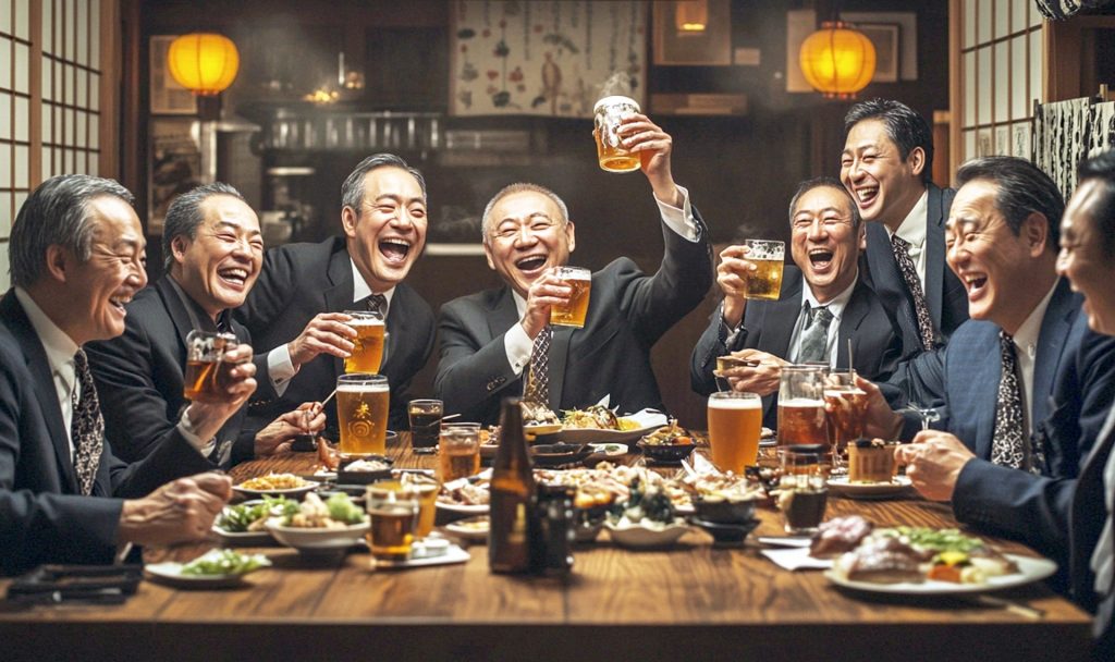 
座敷で乾杯するビジネスマン達　忘年会