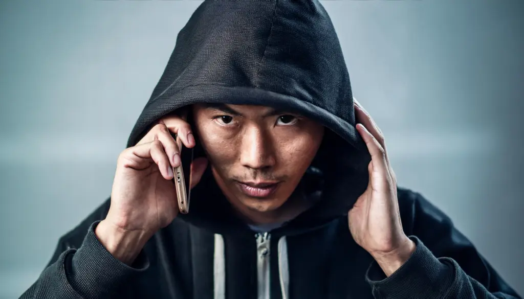 電話するフードを被った怪しい人物。防犯