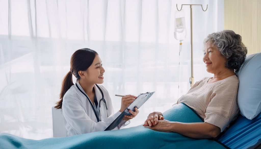 介護施設で暮らす高齢者女性と医師