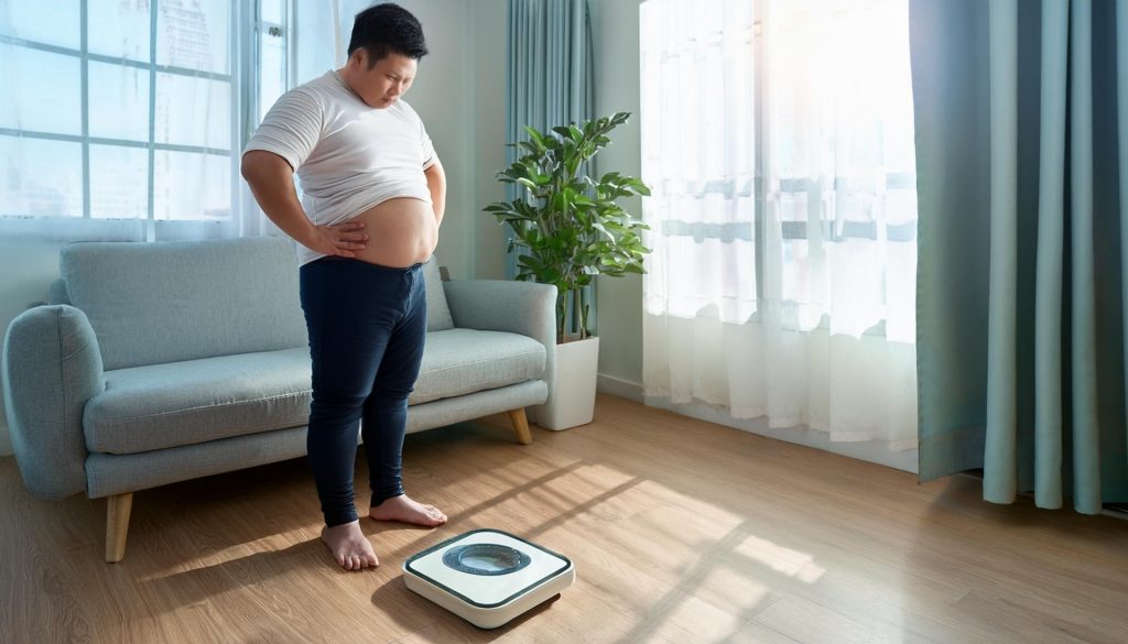 
体重計に乗る太った男性