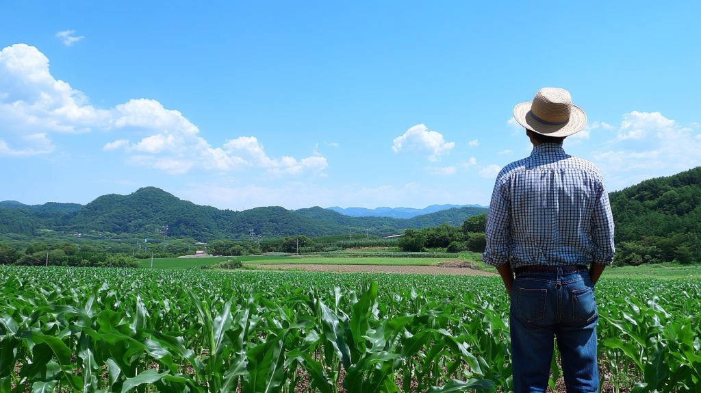 
とうもろこし畑と農家のアジア人男性02