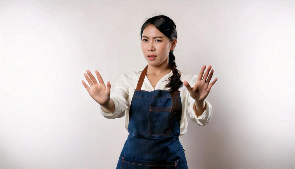 
カスハラ　嫌がる表情の女性スタッフ