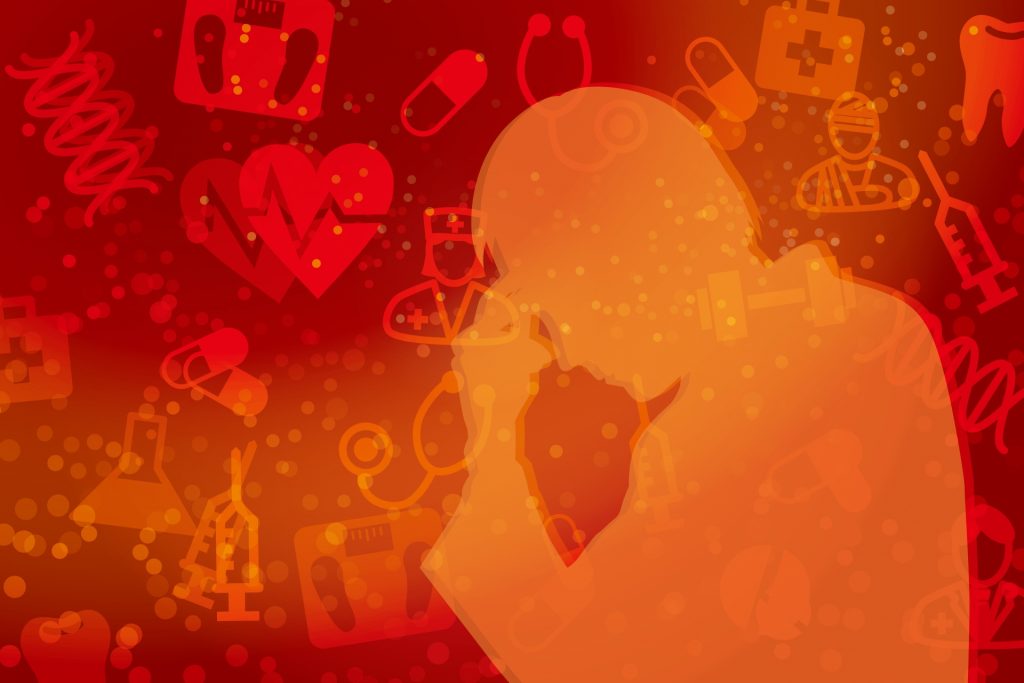 健康にストレスを抱える男性-赤背景