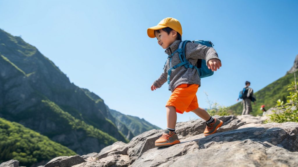 秋の山と日本人の男の子