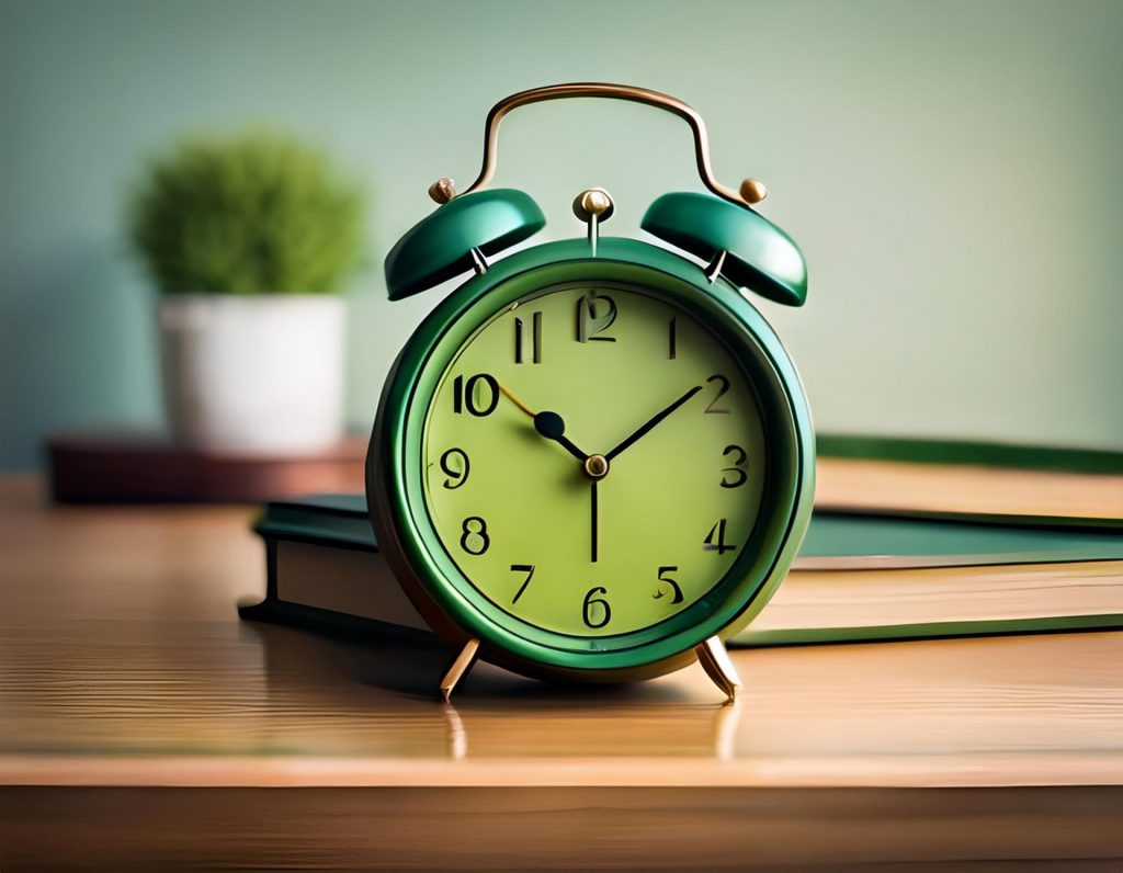 
机に置いてある目覚まし時計