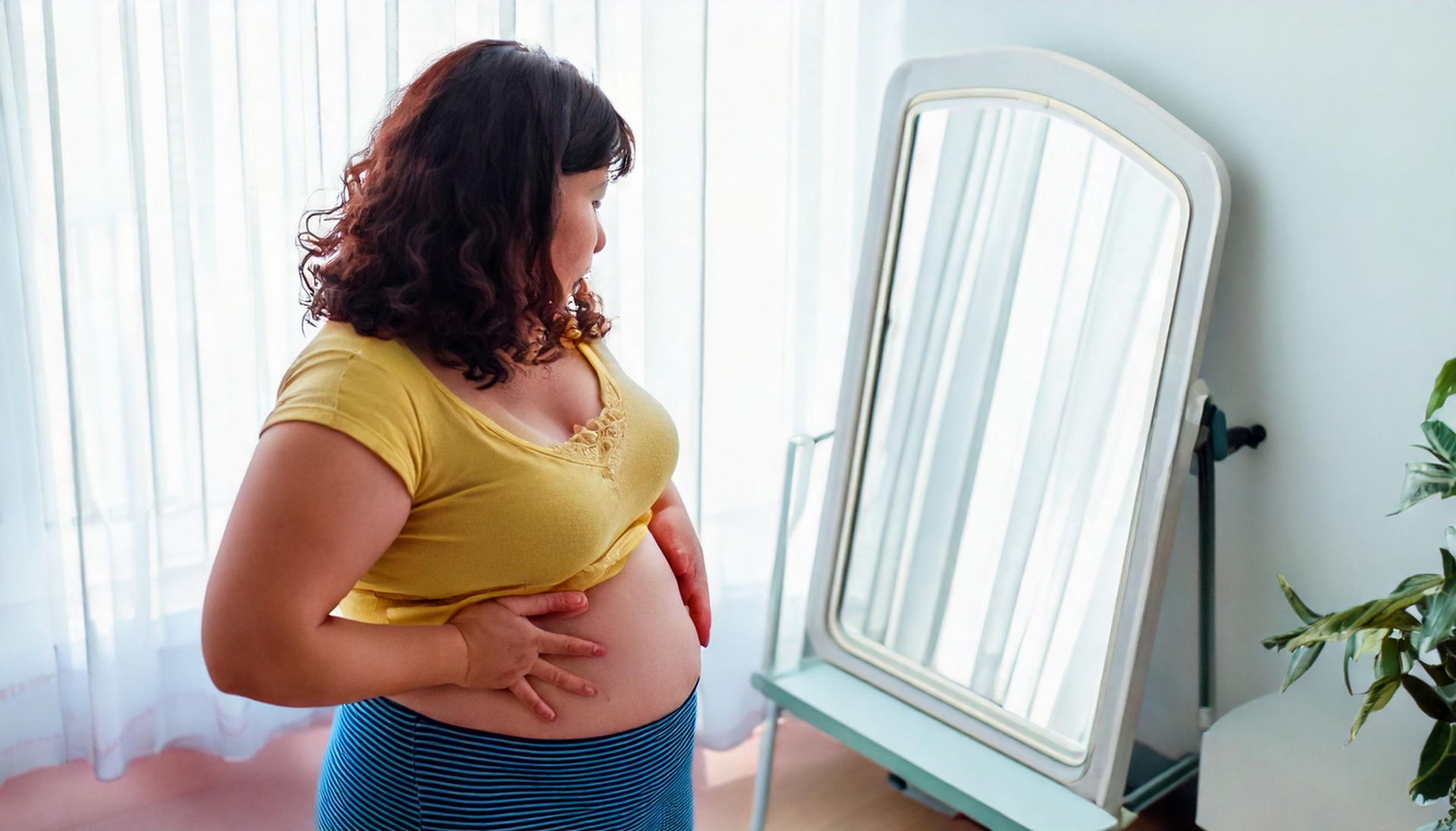 正月太り　脂肪がついたお腹を見て悩む女性