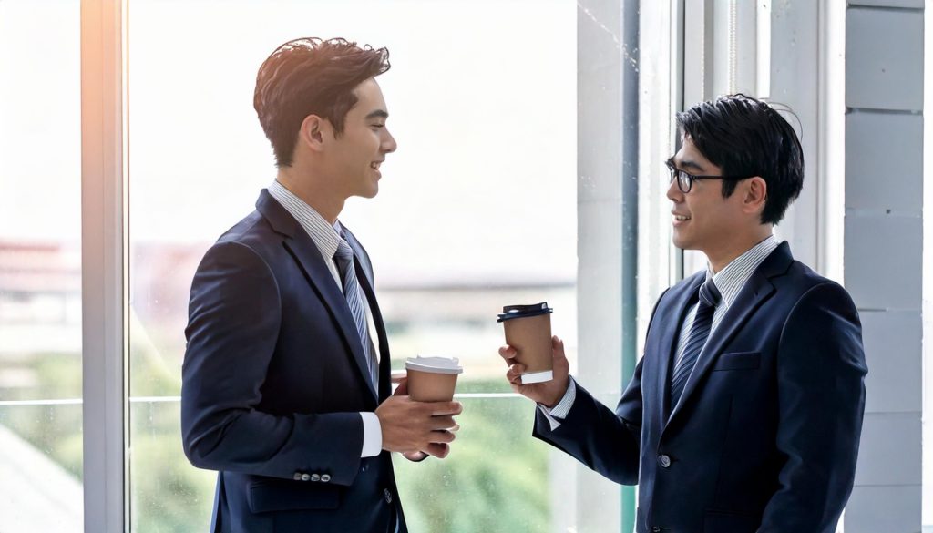 コーヒーを手に持って会話するビジネスマン