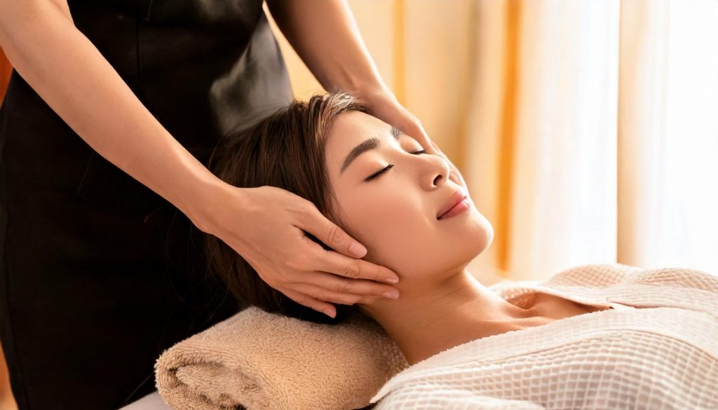 エステサロンで頭部を揉まれる若い女性