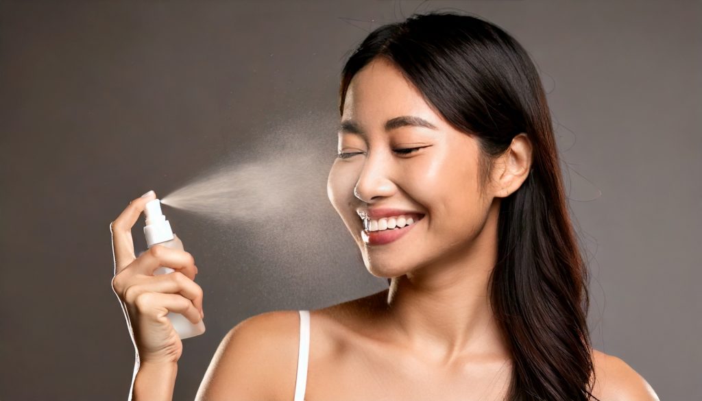 顔に美容液のスプレーをかける女性