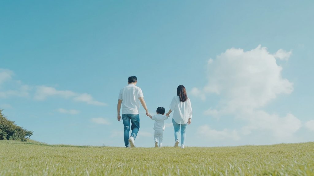 
青空の下の家族の絆（フォミリー後ろ姿）