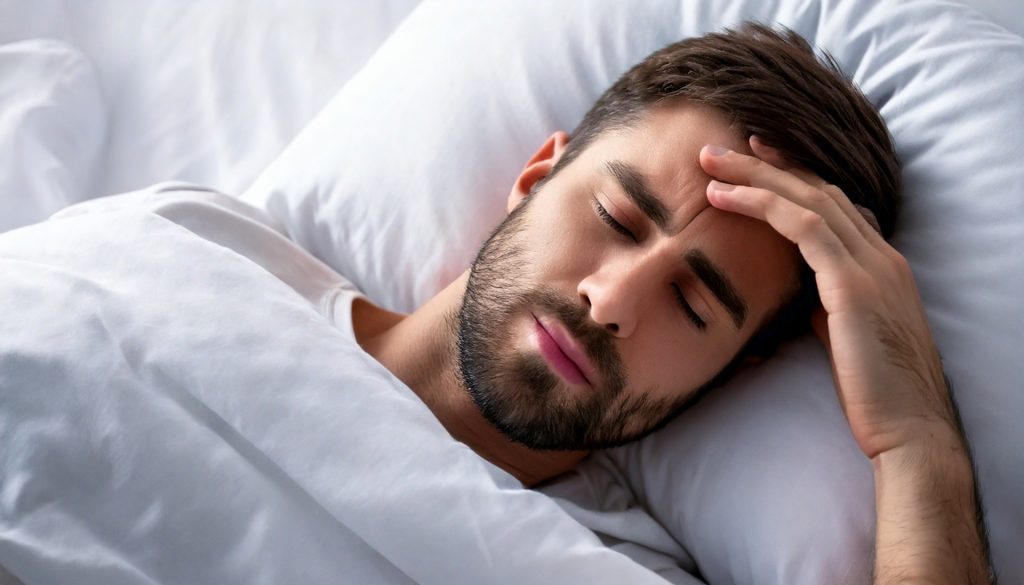 睡眠中に苦しそうな表情をする男性