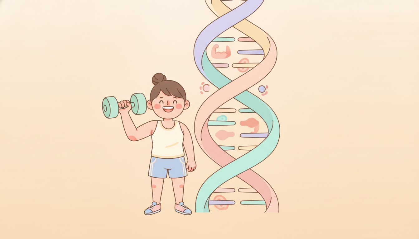 ダンベルで筋トレする人と遺伝子DNAのイラスト