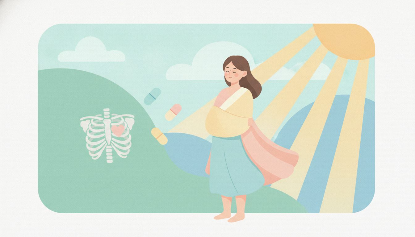 日光を浴びる人とビタミンDが支える骨や健康のイメージ